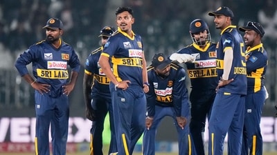 Sri Lanka's Mahesh Theekshana celebrates with teammates after the dismissal of Pakistan's Hussain Talat during the first ODI game vs Pakistan (AP) Sri Lanka's Mahesh Theekshana celebrates with teammates after the dismissal of Pakistan's Hussain Talat during the first ODI game vs Pakistan (AP)