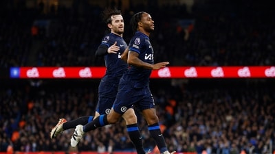Chelsea's Raheem Sterling celebrates scoring their first goal with Ben Chilwell (Action Images via Reuters)