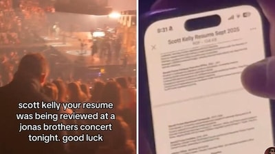 A man reviewing the resume belong to a “Scott Kelly” at a Jonas Brothers’ concert. (Screengrab (TikTok)) A man reviewing the resume belong to a “Scott Kelly” at a Jonas Brothers’ concert. (Screengrab (TikTok))