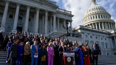 US House Minority Leader Hakeem Jeffries speaks during an event with fellow House Democratic members on the steps of the US Capitol. (REUTERS)