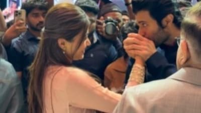 Rashmika Mandanna couldn't stop blushing as Vijay Deverakonda kissed her hand. Rashmika Mandanna couldn't stop blushing as Vijay Deverakonda kissed her hand.