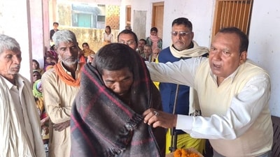 Narendra Kumar Singh aka Bogo Singh distributing blankets to the poor at a programme. (FB/@singh.bogo9) Narendra Kumar Singh aka Bogo Singh distributing blankets to the poor at a programme. (FB/@singh.bogo9)