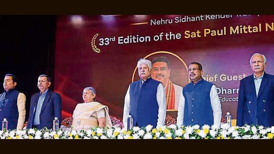 Dharmendra Pradhan during National Awards 2025 at Nehru Sidhant Kender Trust in Ludhiana on Wednesday. (Gurpreet Singh/HT)