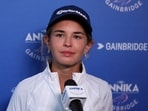 Kai Trump talks to media after the first round of The ANNIKA golf tournament at Pelican Golf Club. 
