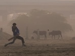 A cricket game underway on the banks of the Yamuna, on a smoggy morning in New Delhi on November 13, 2025.