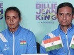 Indian tennis team captain Vishal Uppal (R) and Ankita Raina during a press conference for the Billie Jean King Cup 2025 playoffs, in Bengaluru. (PTI)