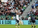 Argentina's Lionel Messi waves during a training session with the national team.