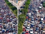 The image shows an eight-lane traffic jam stretching endlessly in both directions on a busy road.(Instagram/raju.explorer)