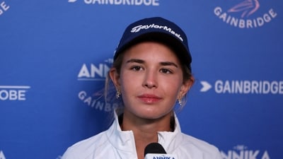 Kai Trump talks to media after the first round of The ANNIKA golf tournament at Pelican Golf Club. (IMAGN IMAGES via Reuters Connect)