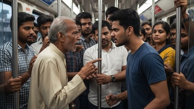 A Delhi Metro passenger claimed an elderly co-traveller slapped him after a minor mishap. (Representational image/Gemini AI generated) A Delhi Metro passenger claimed an elderly co-traveller slapped him after a minor mishap. (Representational image/Gemini AI generated)