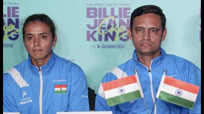 Indian tennis team captain Vishal Uppal (R) and Ankita Raina during a press conference for the Billie Jean King Cup 2025 playoffs, in Bengaluru. (PTI) Indian tennis team captain Vishal Uppal (R) and Ankita Raina during a press conference for the Billie Jean King Cup 2025 playoffs, in Bengaluru. (PTI)