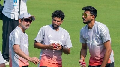 India's head coach Gautam Gambhir (left) with Kuldeep Yadav (centre) and Axar Patel during a training session on the eve of the first Test cricket match between India and South Africa (PTI) India's head coach Gautam Gambhir (left) with Kuldeep Yadav (centre) and Axar Patel during a training session on the eve of the first Test cricket match between India and South Africa (PTI)