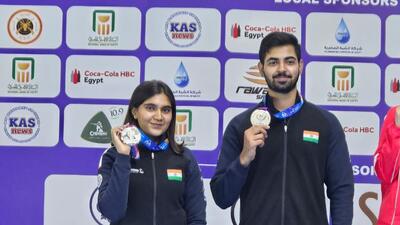 Samrat Rana won gold in 10m air pistol and silver in mixed team event with Esha Singh. (NRAI) Samrat Rana won gold in 10m air pistol and silver in mixed team event with Esha Singh. (NRAI)