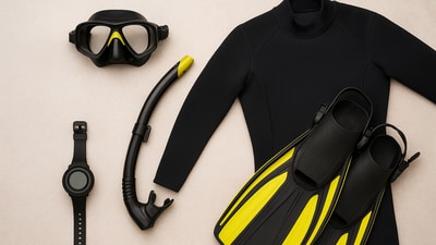Essential scuba gear, including masks, fins, dive computers, and protective clothing, helps divers enjoy safe, comfortable, and memorable underwater experiences. (AI generated) Essential scuba gear, including masks, fins, dive computers, and protective clothing, helps divers enjoy safe, comfortable, and memorable underwater experiences. (AI generated)