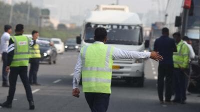 The service road connecting Dwarka Expressway to Daultabad flyover is under construction, said traffic police officials. (Parveen Kumar/HT)