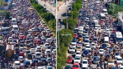 The image shows an eight-lane traffic jam stretching endlessly in both directions on a busy road. (Instagram/raju.explorer) The image shows an eight-lane traffic jam stretching endlessly in both directions on a busy road. (Instagram/raju.explorer)