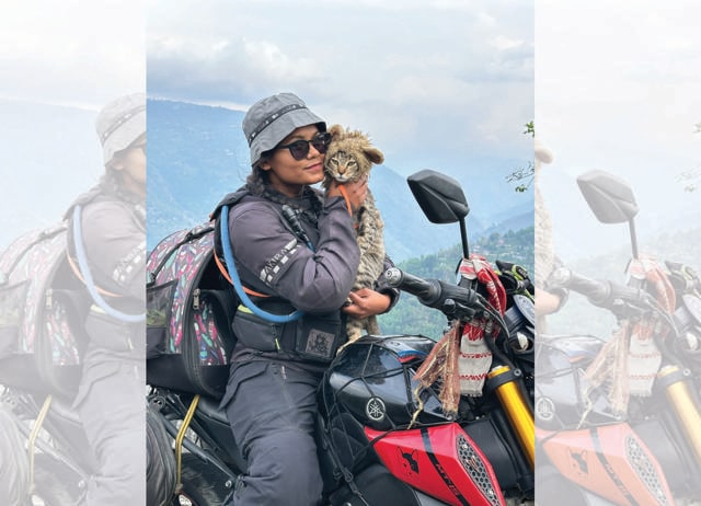 Being a woman biker is unpredictable but amazing, says Pooja. She travels with her cat, Hukum. Being a woman biker is unpredictable but amazing, says Pooja. She travels with her cat, Hukum.