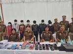 159 forged passbooks, 95 forged cheque books, 131 fake ATM/debit cards, 114 SIM cards, seven laptops, one tablet, 61 mobile phones and <span class='webrupee'>₹</span>39,670 in cash were confiscated from the flat in the society located in Bisrakh. (HT Photos)