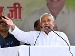 Bihar Chief Minister Nitish Kumar addresses a massive public meeting, during the Bihar election campaign, in Rajoun on Monday.