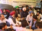 Former Congress MLA Gurkirat Singh Kotli visited the protesting students at Panjab University on Thursday. (Keshav Singh/HT) Former Congress MLA Gurkirat Singh Kotli visited the protesting students at Panjab University on Thursday. (Keshav Singh/HT)