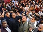 Himachal leader of Opposition Jai Ram Thakur along with BJP workers celebrates NDA victory in Bihar elections in Shimla. (Deepak Sansta/HT) Himachal leader of Opposition Jai Ram Thakur along with BJP workers celebrates NDA victory in Bihar elections in Shimla. (Deepak Sansta/HT)