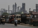 Oil tanker trucks outside an oil refinery operated by Bharat Petroleum Corp. Ltd., in Mumbai, India, on Friday, April 4, 2025. Oil tanker trucks outside an oil refinery operated by Bharat Petroleum Corp. Ltd., in Mumbai, India, on Friday, April 4, 2025.