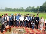 ML Jat laid the foundation stone for a state-of-the-art International Hostel in the university campus on Friday. (HT Photo)