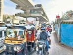 Mumbai, India. Feb 12, 2024 - A bottleneck at Dahisar toll plaza, north bound. Bottleneck is causing daily traffic jams for commuters.due to Metro pillar construction work near Dahisar toll plaza. Feb 12,2024. (Photo by Raju Shinde/HT Photo)