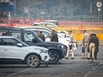 Delhi Police officials seen searching for the evidences as a part of investigation on the site of the Car Blast at Red Fort in New Delhi, India, on Thursday, November 13, 2025.  