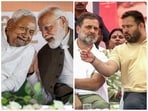 Bihar election results: L | CM Nitish Kumar and PM Modi of the NDA and R | Congress MP Rahul Gandhi and RJD's Tejashwi Yadav of the Mahagathbandhan