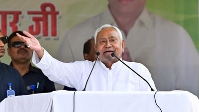 Bihar Chief Minister Nitish Kumar addresses a massive public meeting, during the Bihar election campaign, in Rajoun on Monday. (@Jduonline) Bihar Chief Minister Nitish Kumar addresses a massive public meeting, during the Bihar election campaign, in Rajoun on Monday. (@Jduonline)