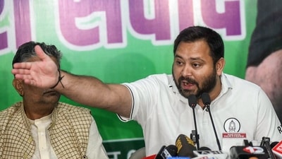 Tejashwi Yadav at a press meet. (ANI) Tejashwi Yadav at a press meet. (ANI)