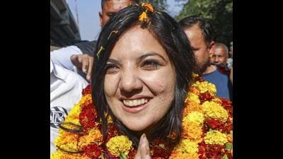 BJP’s Devyani Rana celebrates her victory in the Nagrota assembly byelection in Jammu district on Friday. (PTI Photo) BJP’s Devyani Rana celebrates her victory in the Nagrota assembly byelection in Jammu district on Friday. (PTI Photo)