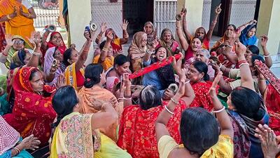 Female supporters of the NDA in Kalyan Bigha village celebrating the party’s win on Friday. (ANI) Female supporters of the NDA in Kalyan Bigha village celebrating the party’s win on Friday. (ANI)