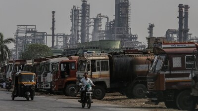 Oil tanker trucks outside an oil refinery operated by Bharat Petroleum Corp. Ltd., in Mumbai, India, on Friday, April 4, 2025. (Bloomberg file) Oil tanker trucks outside an oil refinery operated by Bharat Petroleum Corp. Ltd., in Mumbai, India, on Friday, April 4, 2025. (Bloomberg file)