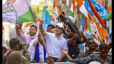Leader of Opposition in the Lok Sabha Rahul Gandhi, RJD leader Tejashwi Yadav and Bihar Congress chief Rajesh Ram during the 'Voter Adhikar Yatra' in Bihar. (@INCIndia) Leader of Opposition in the Lok Sabha Rahul Gandhi, RJD leader Tejashwi Yadav and Bihar Congress chief Rajesh Ram during the 'Voter Adhikar Yatra' in Bihar. (@INCIndia)