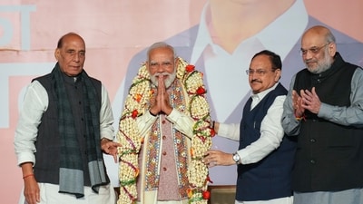 Prime Minister Narendra Modi being felicitated by ministers Amit Shah, Rajnath Singh and JP Nadda during the celebration of NDA's victory in the Bihar assembly election 2025, at the BJP headquarters in New Delhi on Friday, November 14, 2025. (Karma Bhutia/PTI Photo) Prime Minister Narendra Modi being felicitated by ministers Amit Shah, Rajnath Singh and JP Nadda during the celebration of NDA's victory in the Bihar assembly election 2025, at the BJP headquarters in New Delhi on Friday, November 14, 2025. (Karma Bhutia/PTI Photo)