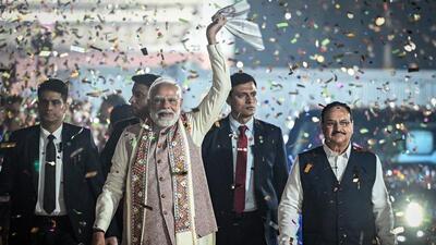 Prime Minister Narendra Modi greets supporters after NDA’s win in the Bihar Assembly elections, at BJP headquarters in New Delhi on Friday. (RAJ K RAJ /HT PHOTO) Prime Minister Narendra Modi greets supporters after NDA’s win in the Bihar Assembly elections, at BJP headquarters in New Delhi on Friday. (RAJ K RAJ /HT PHOTO)
