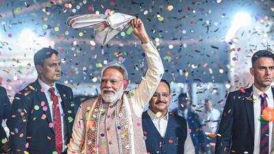 Prime Minister Narendra Modi greets the supporters as the National Democratic Alliance (NDA) wins the Bihar Assembly elections, at BJP headquarters in New Delhi (RAJ K RAJ /HT PHOTO) Prime Minister Narendra Modi greets the supporters as the National Democratic Alliance (NDA) wins the Bihar Assembly elections, at BJP headquarters in New Delhi (RAJ K RAJ /HT PHOTO)