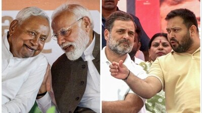 Bihar election results: L | CM Nitish Kumar and PM Modi of the NDA and R | Congress MP Rahul Gandhi and RJD's Tejashwi Yadav of the Mahagathbandhan (PTI photos)