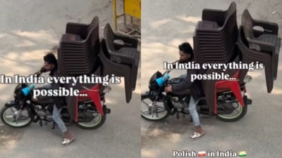 A Polish woman shared footage of an Indian biker balancing over twenty chairs. (Instagram/domipatalas) A Polish woman shared footage of an Indian biker balancing over twenty chairs. (Instagram/domipatalas)
