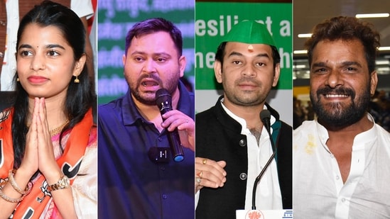 File photo of Maithili Thakur, Tejashwi Yadav, Tej Pratap Yadav, and Khesari Lal Yadav. (Agencies)