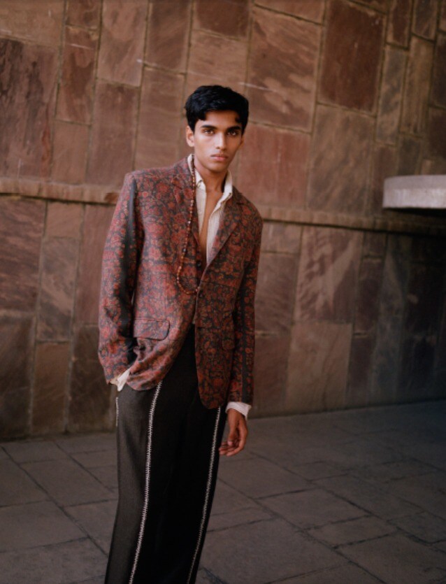 A block-printed wool blazer and hand embroidered woollen wide-leg trousers from the Amdavad collection. (Jeremy Everett) A block-printed wool blazer and hand embroidered woollen wide-leg trousers from the Amdavad collection. (Jeremy Everett)