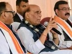 Defence minister Rajnath Singh addressing a meeting of BJP leaders and workers in Lucknow on November 15. (HT photo)