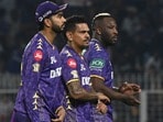 కేకేఆర్ ప్లేయర్లు వెంకటేశ్, నరైన్, రసెల్(Samir Jana/ Hindustan Times)