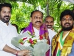 Telangana Chief Minister A. Revanth Reddy greets winner of the Jubilee Hills by-election Naveen Yadav before addressing the media, in Hyderabad on Friday. (ANI) Telangana Chief Minister A. Revanth Reddy greets winner of the Jubilee Hills by-election Naveen Yadav before addressing the media, in Hyderabad on Friday. (ANI)