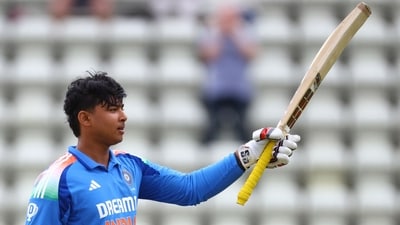 India's Vaibhav Suryavanshi celebrates a milestone. (Action Images via Reuters)