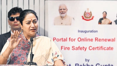Delhi CM Rekha Gupta at the launch of the portal at Delhi Secretariat on Saturday. (Vipin Kumar/HT) Delhi CM Rekha Gupta at the launch of the portal at Delhi Secretariat on Saturday. (Vipin Kumar/HT)