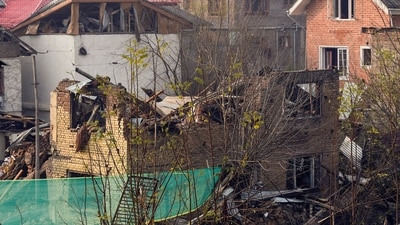 A view of a damaged Nowgam police station after a blast occurred, in Srinagar on Friday. (ANI) A view of a damaged Nowgam police station after a blast occurred, in Srinagar on Friday. (ANI)