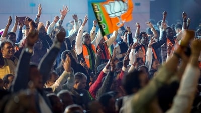 BJP supporters cheer during the celebration of NDA's victory in the Bihar election results, at BJP headquarters. (PTI) BJP supporters cheer during the celebration of NDA's victory in the Bihar election results, at BJP headquarters. (PTI)